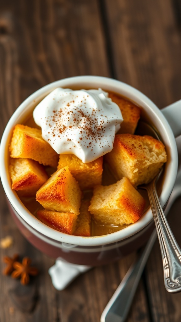 A cozy mug of bread pudding with whipped cream and cinnamon on a wooden table.